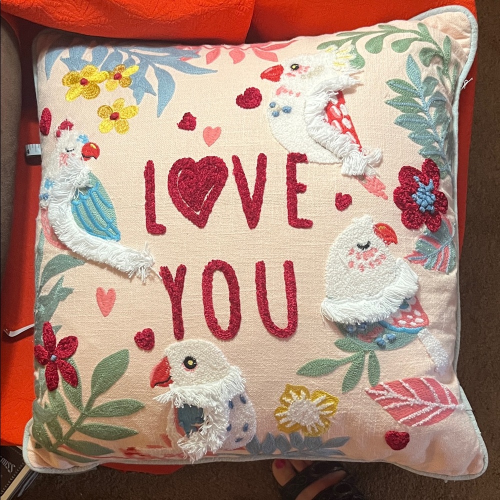 Embroidered Love You Pillow with Birds